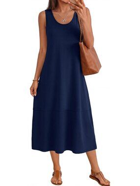 Women's Navy Blue Cotton Midi Sleeveless Dress Trendy Beach Casual Long Sundress